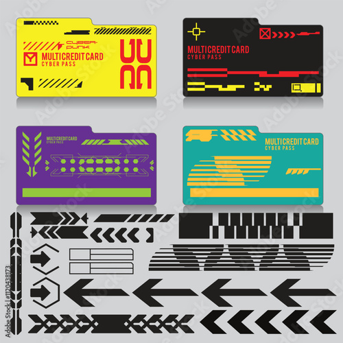 cyberpunk scifi credit card banking set icon pattern HUD ux ui set collection template, 2d illustration rendering vector element