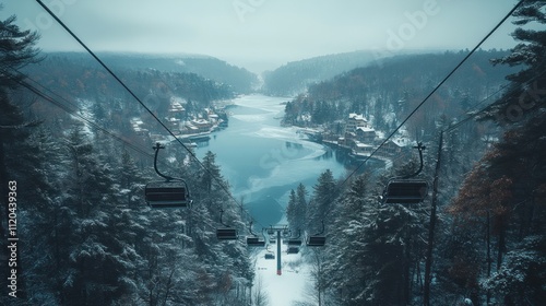 Snowy mountain lake view from cable car. photo