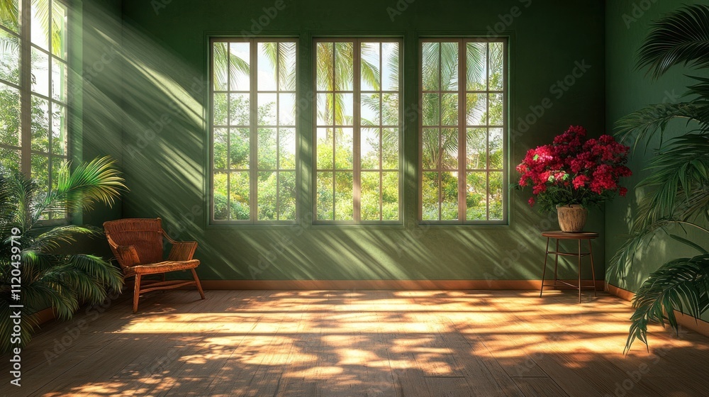 Sunlit green room with plants and wicker chair. Sunlit green room with plants and wicker chair.