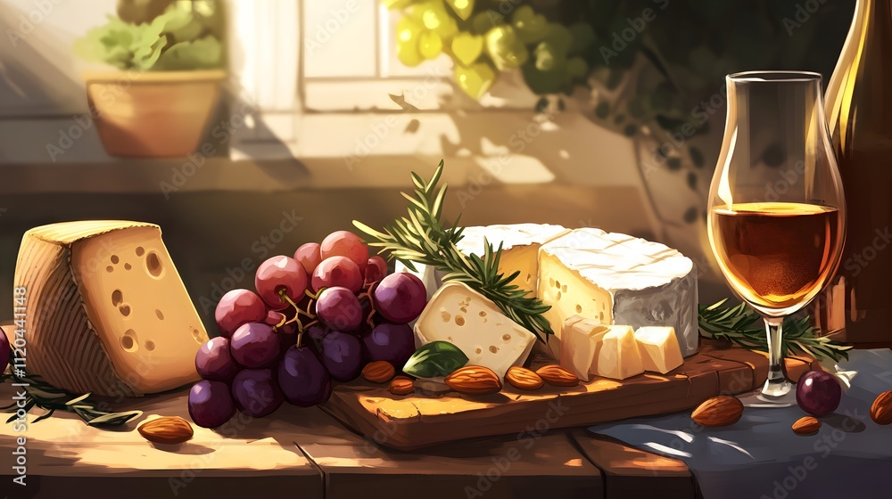 Sunlit Still Life Featuring Cheese Grapes and Wine Sunlit Still Life Featuring Cheese Grapes and Wine