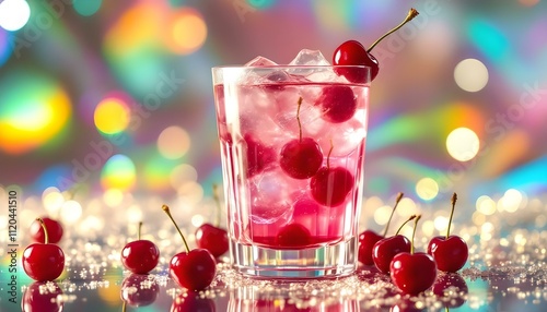 Festive Cherry Cocktail with Ice in Glass