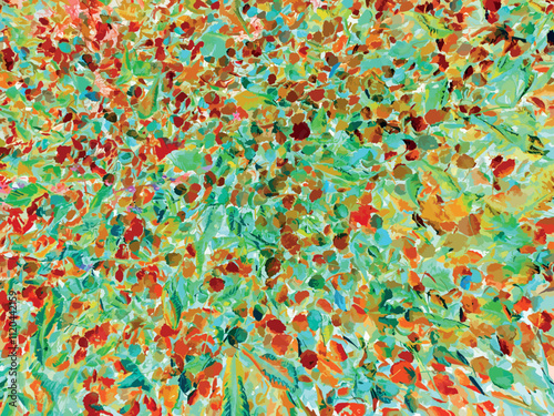 Autumn leaves pattern background. Colorful texture of leaves in light green, dark green, turquoise, brown, yellow and orange tones. Soft multicolored deeply dry leaf pattern wallpaper. İllustration.