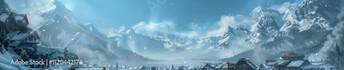 Ice Mountains in the Distance. A Picturesque Blend of Snowy Charm and Majestic Peaks. a quaint winter village nestled in a snowy valley, with towering ice-covered mountains visible in the background. 