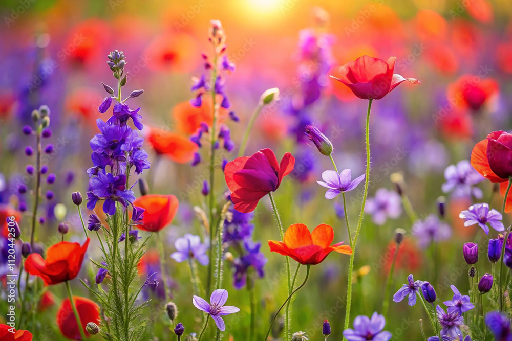 Vibrant wildflowers bathed in golden sunset light. Vibrant wildflowers bathed in golden sunset light.