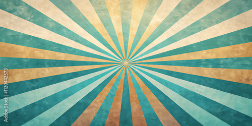 A vintage-style swirling sunburst background composed of teal blue, teal, and beige rays spiraling out in a retro pattern, a hypnotic and dynamic optical illusion, faded grungy texture
