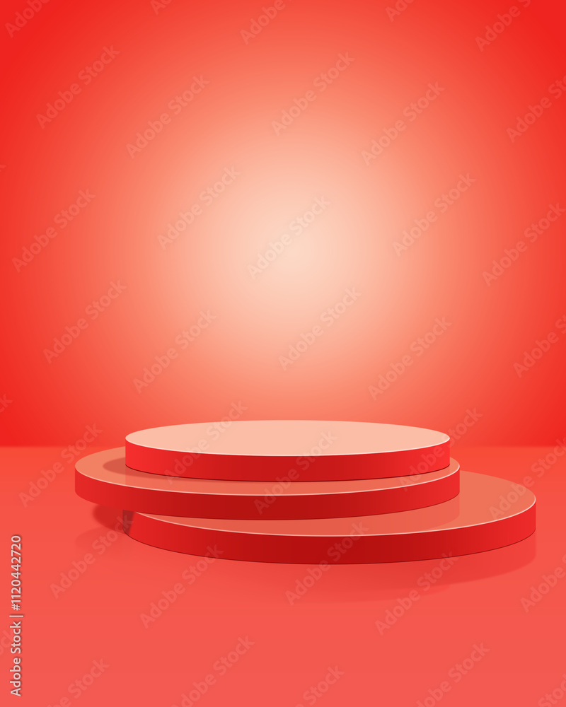 3D red podium on red floor and with a red wall in the background, Minimal style, Product display 3D red podium on red floor and with a red wall in the background, Minimal style, Product display