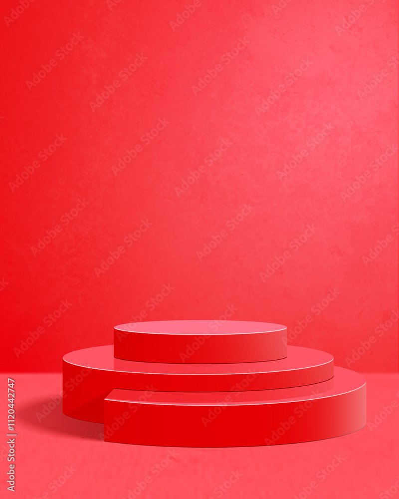 3D red podium on red floor and with a red wall in the background, Minimal style, Product display 3D red podium on red floor and with a red wall in the background, Minimal style, Product display