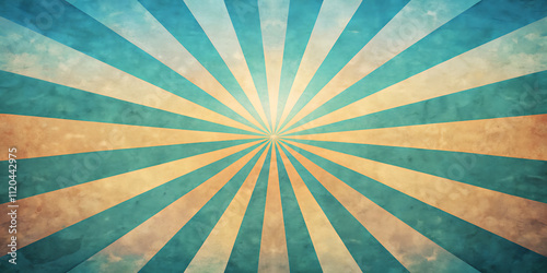 A vintage-style swirling sunburst background composed of teal blue, teal, and beige rays spiraling out in a retro pattern, a hypnotic and dynamic optical illusion, faded grungy texture