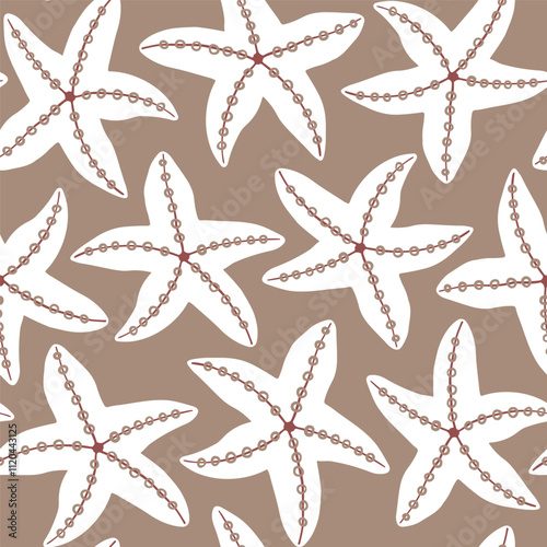 Sea star seamless pattern on mocha brown background. Elegant starfish repeat pattern. Summer, beach, travel, abstract nautical background. Coastal vibes.