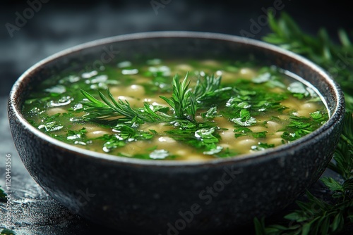 A bowl of green soup garnished with herbs, placed on a dark surface.