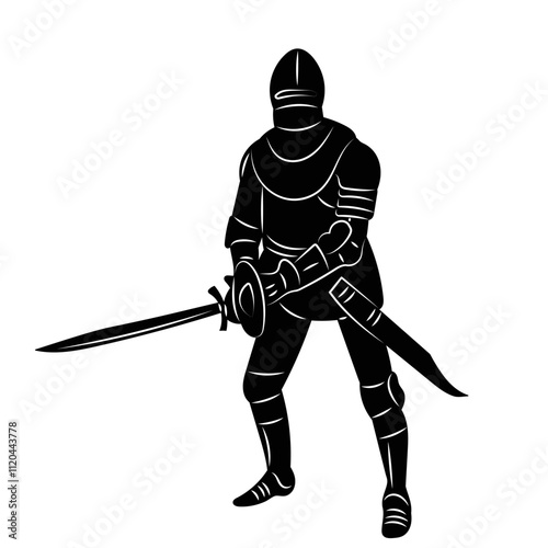 Male knight with sword silhouette on white background, vector