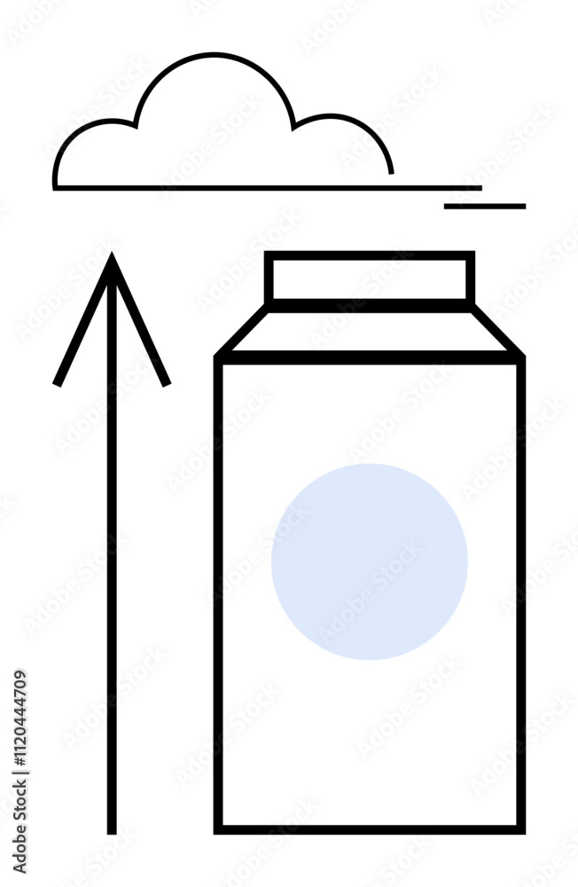 Milk carton with upward arrow and cloud. Ideal for dairy industry, growth, sustainability, eco-friendly packaging, cloud storage, environmental impact, educational materials. Line metaphor Milk carton with upward arrow and cloud. Ideal for dairy industry, growth, sustainability, eco-friendly packaging, cloud storage, environmental impact, educational materials. Line metaphor