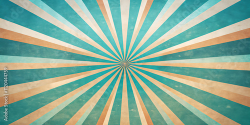 A vintage-style swirling sunburst background composed of teal blue, teal, and beige rays spiraling out in a retro pattern, a hypnotic and dynamic optical illusion, faded grungy texture