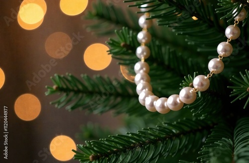 Pearl necklace on a Christmas tree. Advertising banner for a jewelry brand. New Year's Sale Poster for the December holidays with necklace as decoration. Gift idea. Bokeh background