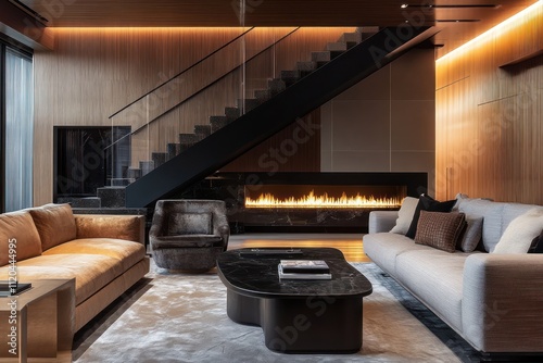 Modern living room interior with a cozy fireplace, sleek staircase, and inviting sofa set in a stylish arrangement