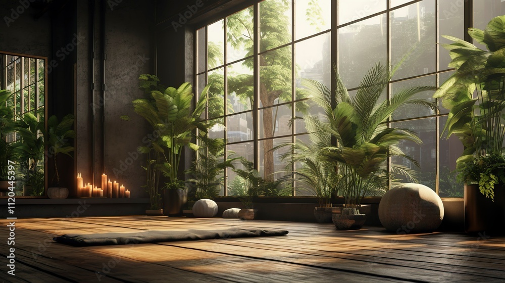 A photo of a serene yoga space with large potted plan A photo of a serene yoga space with large potted plan