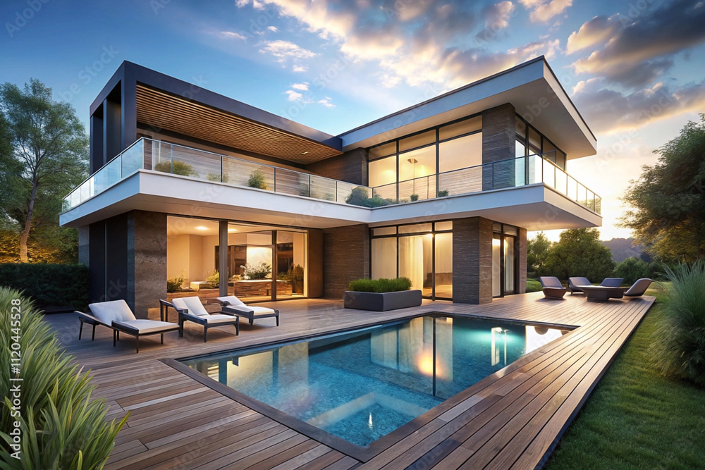 Fototapeta premium Modern luxury house with pool and deck at sunset.