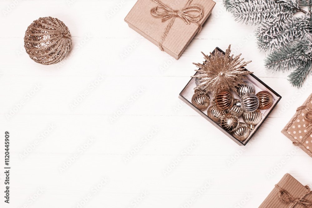 A collection of sparkling holiday decorations and wrapped gifts on a wooden surface. Perfect for winter celebrations. Demonstrating color of 2025 year. A collection of sparkling holiday decorations and wrapped gifts on a wooden surface. Perfect for winter celebrations. Demonstrating color of 2025 year.