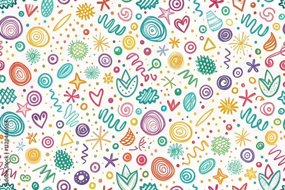 Colorful doodle pattern background with various shapes and textures. Colorful doodle pattern background with various shapes and textures.