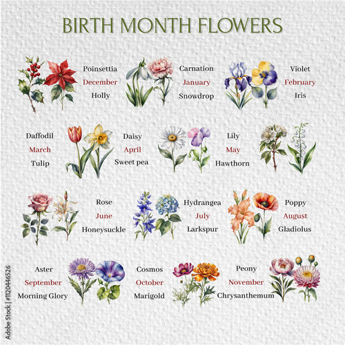 birth month flower, flower set, flower of the month of the year, Poinsettia, Violet, Holly, Carnation, Iris, Tulip,  Snowdrop, Daffodil, Daisy, Honeysuckle, Hydrangea, Larkspur, Poppy, Gladiolus