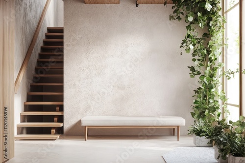 Loft-style modern entrance hall featuring wooden staircase, minimalist bench, and sophisticated dacor