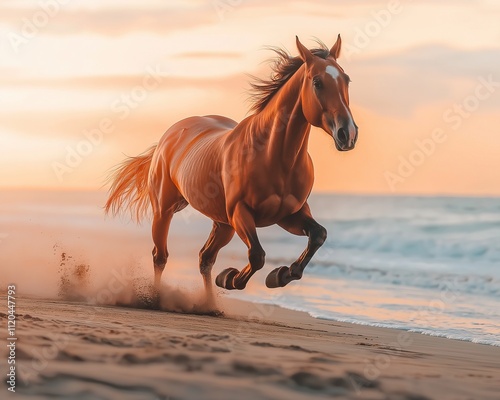 Horse galloping fast on beach at sunrise - Animal photo photo