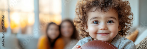 Adorable young boy with curly hair and bright eyes holding a football indoors, family visible in the background. photo