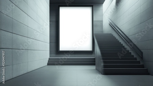 Office building interior with a blank poster frame and sleek stairs leading up to the next level