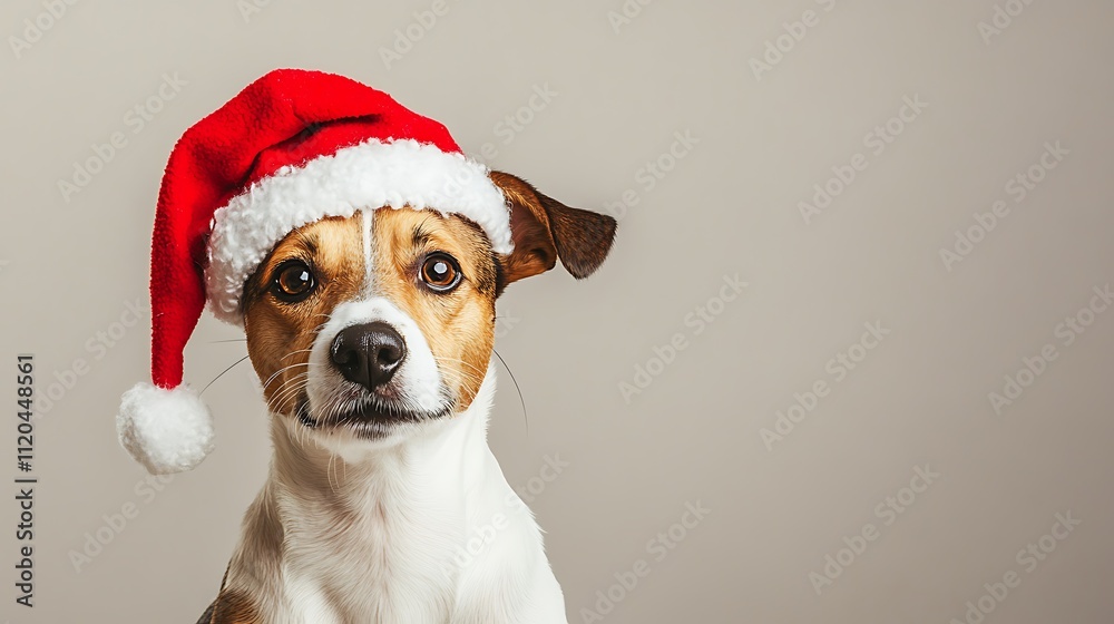 Cute dog wearing a red Christmas cap, peeking against a plain background for a festive touch. Cute dog wearing a red Christmas cap, peeking against a plain background for a festive touch.