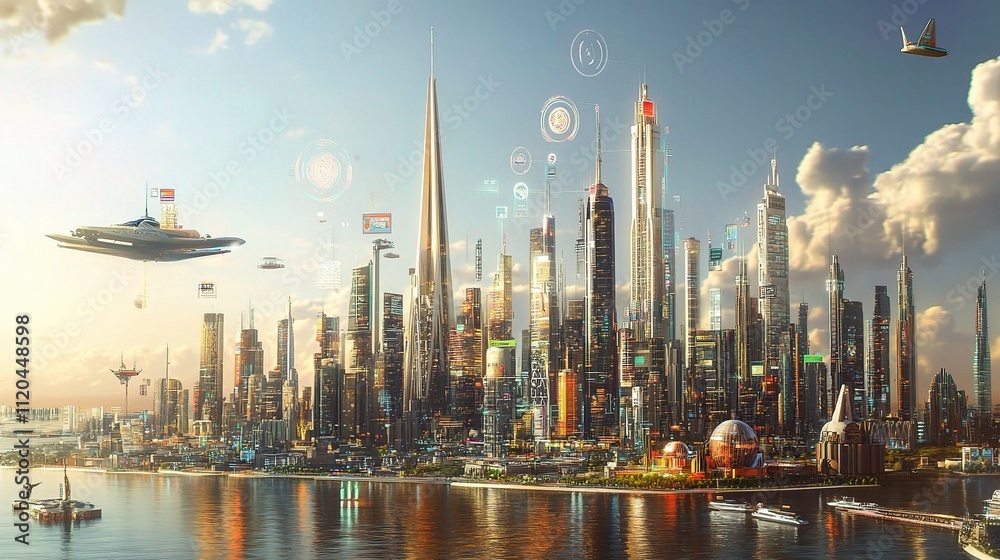 Obraz premium Futuristic Smart City Skyline with Digital Elements and Modern Design