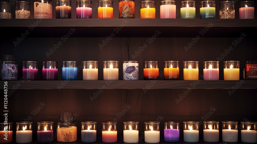 A photo of a shelf displaying aromatic candles A photo of a shelf displaying aromatic candles