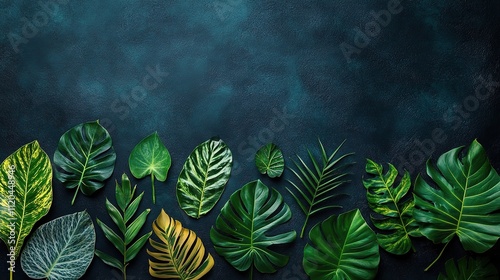 Tropical Leaf Collection on Dark Geometric Background photo