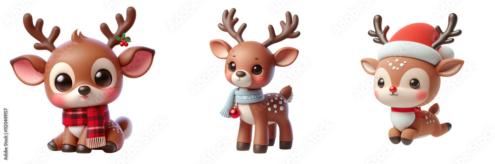 Naklejka premium Cute 3D christmas reindeer Set isolated on white