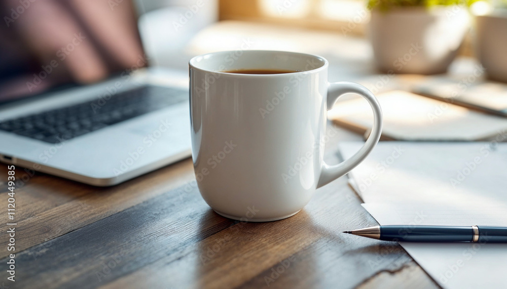 A white coffee mug on a desk with a laptop and pen, creating a simple work setup.
A white coffee mug on a desk with a laptop and pen, creating a simple work setup.