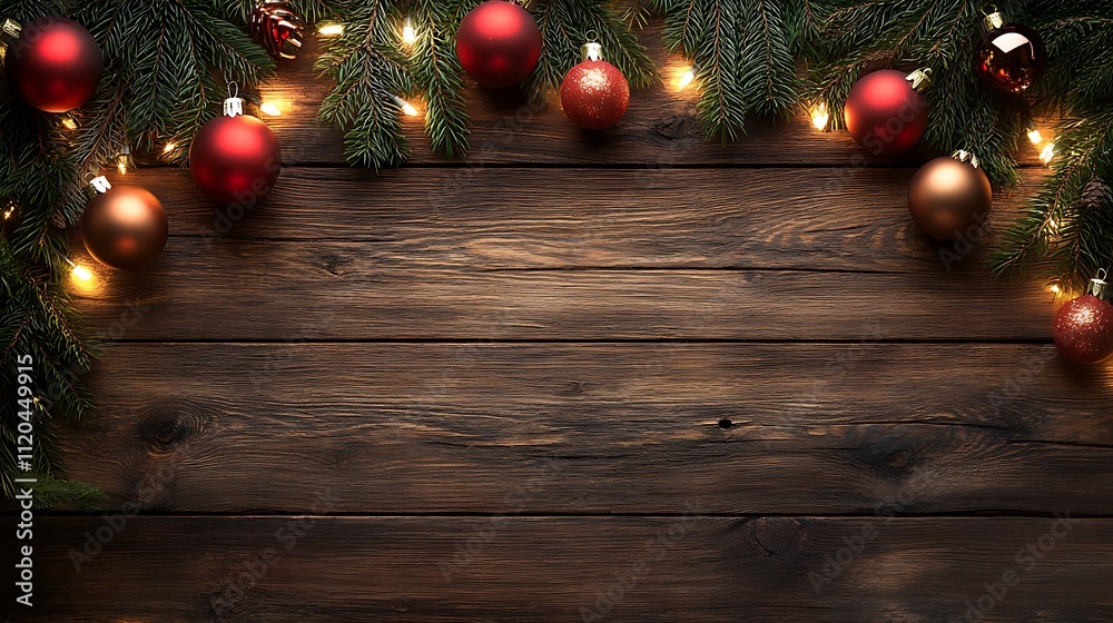 Dark wooden background adorned with festive decorations, providing space for text or product placement. Dark wooden background adorned with festive decorations, providing space for text or product placement.