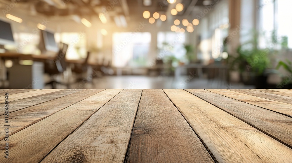 Indoor Wooden Table in Blurred Office Space with Natural Lighting Indoor Wooden Table in Blurred Office Space with Natural Lighting