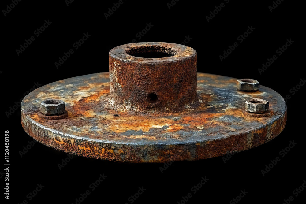 Old rusty metal flange with bolts on a black background showcasing wear and corrosion from years of use Old rusty metal flange with bolts on a black background showcasing wear and corrosion from years of use
