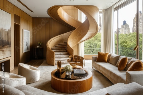 A modern living room designed with warm wooden tones, featuring a spiral staircase as the centerpiece