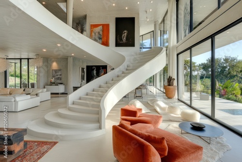White concrete curved staircase creating a bold, minimalist aesthetic in a contemporary home