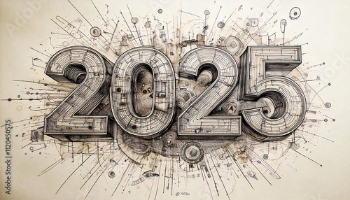 Sketching the Future: Hand-Drawn 2025 in Black and White – Wishing You a Happy New Year!
