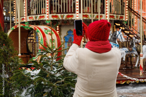 Senior friends, selfie of women on social media together for outdoor Christmas exercise in retirement. Photo, diversity or happy elderly people meet at Christmas market take pictures photo