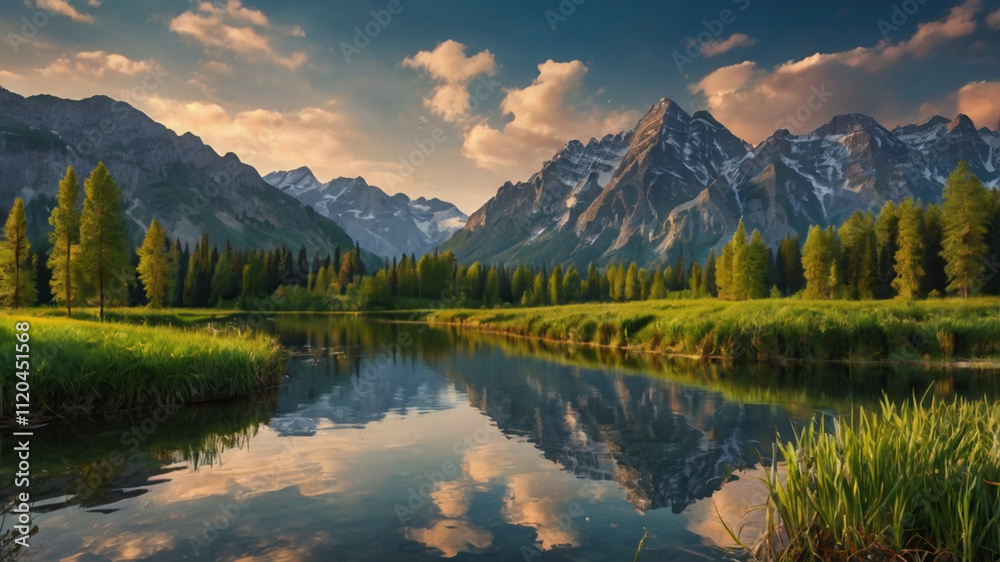 Fototapeta premium landscape with river and mountains