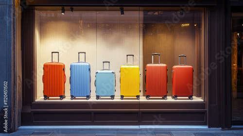 A colorful storefront window display of assorted luggages in a shop window, ready for travel adventures. photo