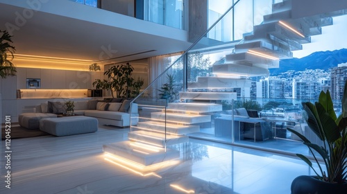 Elegant white marble L-shaped floating staircase illuminated with RGB LED strip lighting beneath each tread, paired with tempered glass balustrades in a luxury loft setting