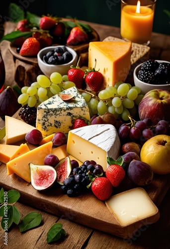 stunning presentation luxurious cheese board adorned vibrant fruits accompaniments perfect gathering, appetizer, arrangement, art, berries, brick photo