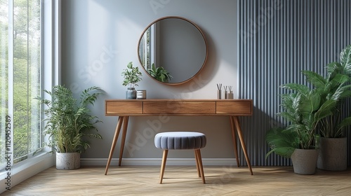 Sunlit vanity with wooden console, round mirror, gray stool, and potted plants.