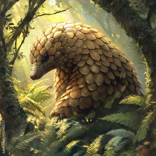 A close-up of a rare pangolin in a forest, surrounded by ferns and natural textures, soft sunlight filtering through the trees.