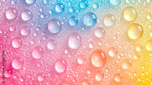 Colorful water droplets on vibrant background.