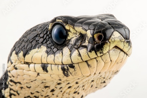 A high-angle view of a Javan spitting cobra (Naja sputatrix) on a white background. photo