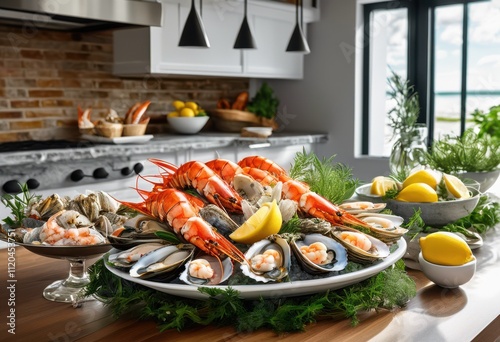 vibrant seafood spread displayed contemporary platter colorful array fresh diverse seafood selections, appetizer, arrangement, baked, barbecue, blue